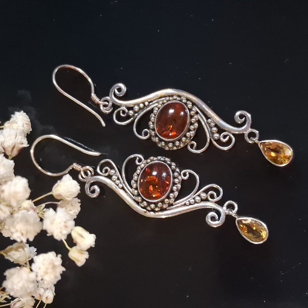 Baltic Amber & Citrine Sterling Silver Dangle Earrings Art Nouveau